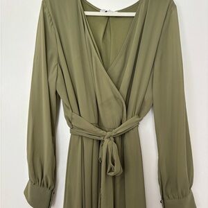 Olive Green Wrap Midi Dress with Tie Waist